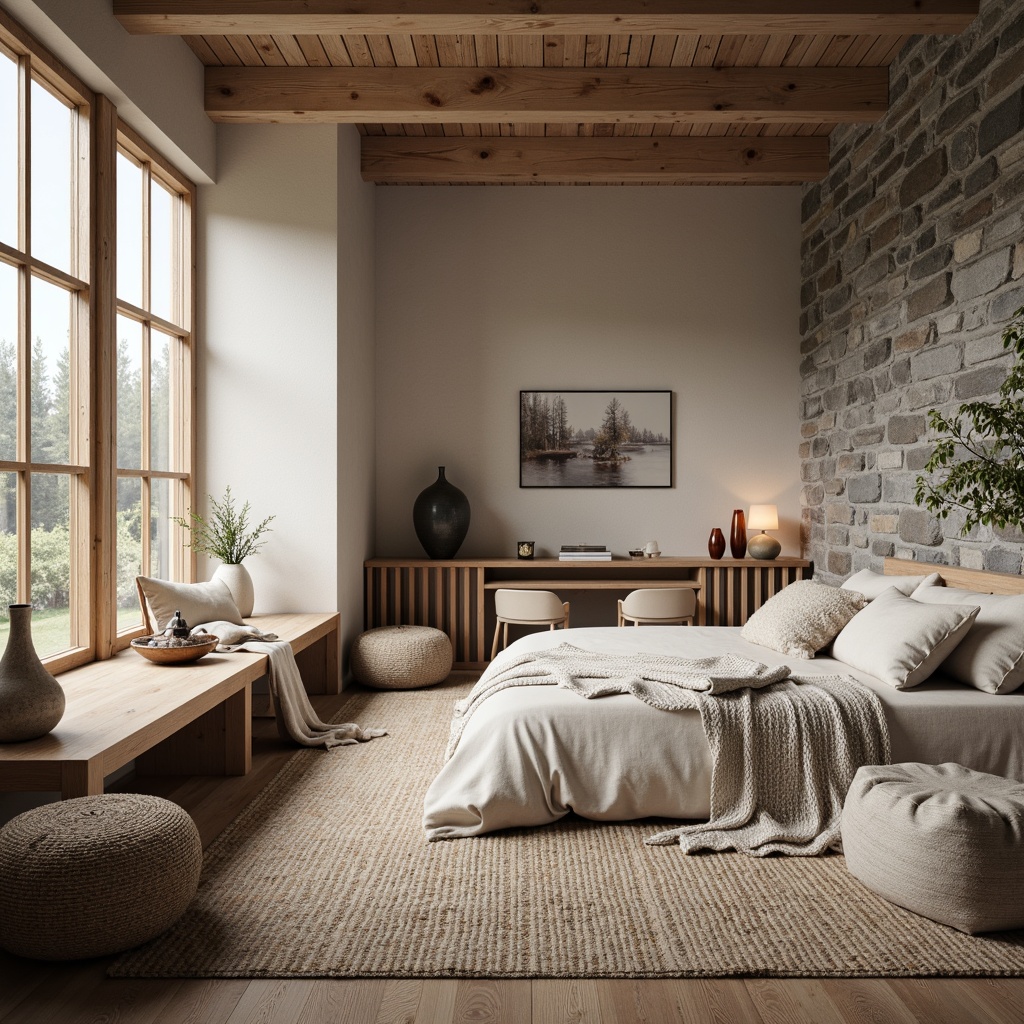 Prompt: Natural light-filled Nordic interior, minimalist wooden accents, soft grayish-beige tones, woven woolen textiles, rough-hewn stone walls, rustic wooden floors, cozy throw blankets, linen upholstery, organic shapes, earthy color palette, subtle patterned rugs, natural materials, tactile experiences, warm candlelight, 1/1 composition, shallow depth of field, realistic textures, ambient occlusion.