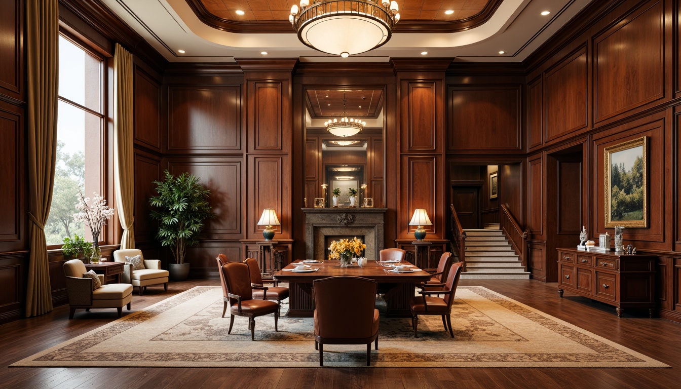 Prompt: Rich wood tones, ornate furnishings, plush carpeting, statement lighting fixtures, stately executive desks, high-back leather chairs, wooden conference tables, traditional office decor, classic architectural details, grand lobby spaces, marble flooring, elegant staircases, warm neutral color palette, soft box lighting, 1/2 composition, symmetrical framing, realistic textures, subtle ambient occlusion.