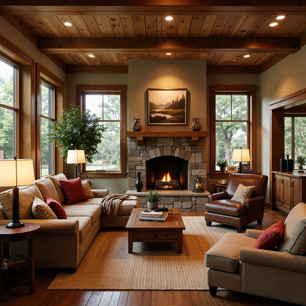 Prompt: Cozy Craftsman family room, warm wooden accents, comfortable earth-toned sofas, plush throw pillows, rustic wooden coffee tables, vintage metal lamps, natural stone fireplaces, woven jute rugs, rich leather armchairs, elegant oak sideboards, soft warm lighting, shallow depth of field, 3/4 composition, panoramic view, realistic textures, ambient occlusion.