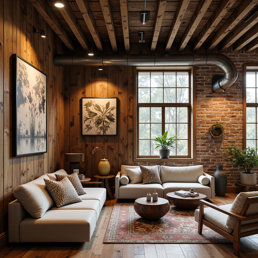 Prompt: Rustic wooden accents, reclaimed wood planks, exposed brick walls, industrial metal beams, earthy tones, natural stone features, warm ambient lighting, cozy textiles, plush furnishings, vintage decorative items, distressed finishes, eclectic artwork, modern minimalist decor, creamy whites, rich woods, bold color pops, geometric patterns, abstract designs, 1/1 composition, soft focus, atmospheric glow.