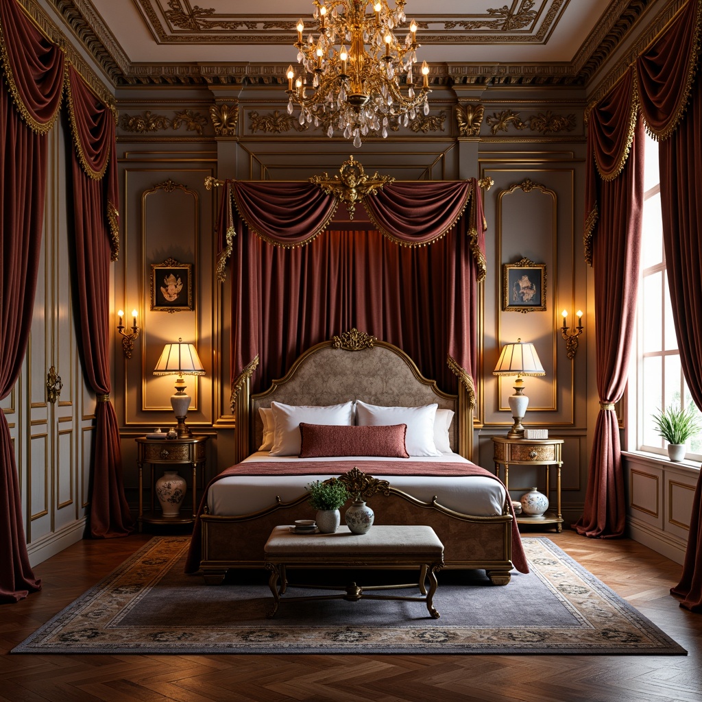 Prompt: Opulent Rococo-style bedroom, lavish velvet drapes, ornate gold accents, crystal chandeliers, soft warm candlelight, delicate porcelain vases, intricate carvings, plush area rugs, majestic four-poster bed, luxurious fabrics, gentle diffused lighting, floor lamps with sculpted metalwork, table lamps with beaded fringe, candelabras with dripping crystals, subtle ambient glow, 1/2 composition, shallow depth of field, warm color palette.