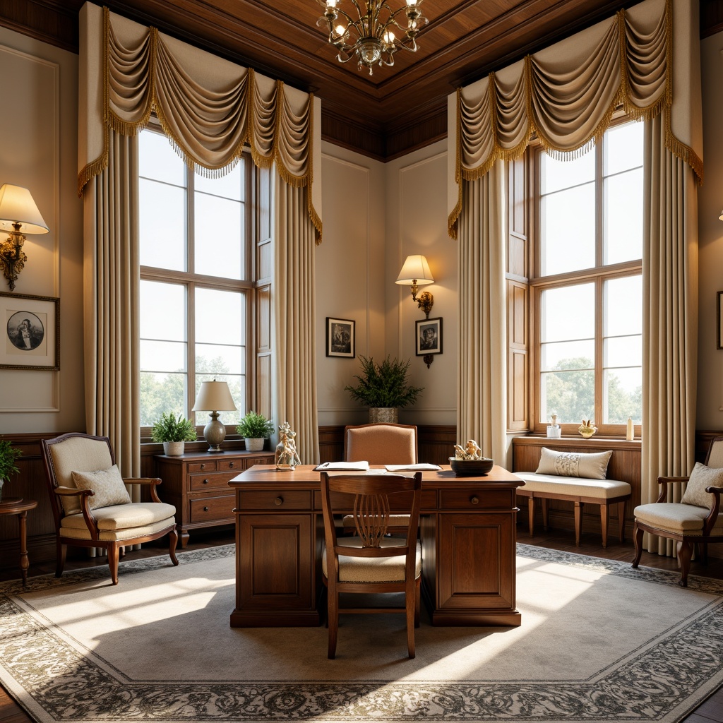 Prompt: Elegant home office, traditional style, wooden desk, leather chair, rich wood tones, warm beige walls, soft cream curtains, pinch pleat drapes, gold tassel trim, classic lamp shades, ornate picture frames, subtle patterned rugs, comfortable reading nook, natural daylight, softbox lighting, shallow depth of field, 1/1 composition, realistic textures, ambient occlusion.