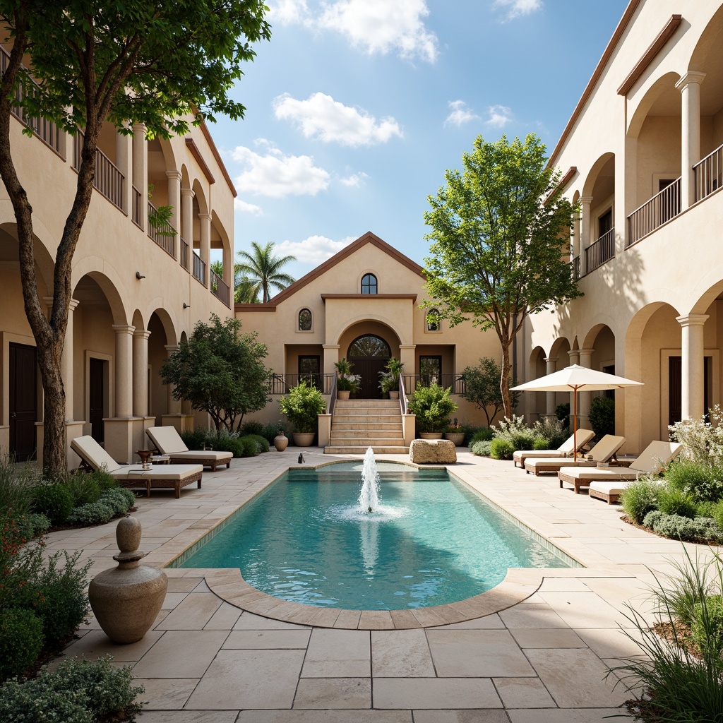 Prompt: Luxurious poolside, classicism style, ornate fountains, grand staircases, limestone flooring, Mediterranean-inspired architecture, curved lines, elegant columns, symmetrical design, refined furniture, plush sunbeds, weathered wood accents, natural stone coping, gentle water features, serene ambiance, warm sunny day, soft focus, atmospheric lighting, shallow depth of field, 1/1 composition, realistic reflections.