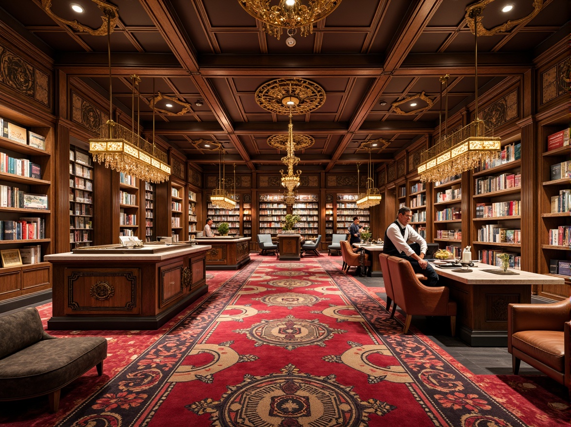 Prompt: Luxurious bookstore, ornate bronze fixtures, rich wood paneling, velvety soft carpets, geometric patterned rugs, metallic accents, bold typography, vibrant color scheme, opulent chandeliers, intricately carved wooden shelves, leather-bound books, Art Deco inspired motifs, glamorous marble countertops, warm golden lighting, shallow depth of field, 1/1 composition, realistic textures, ambient occlusion.