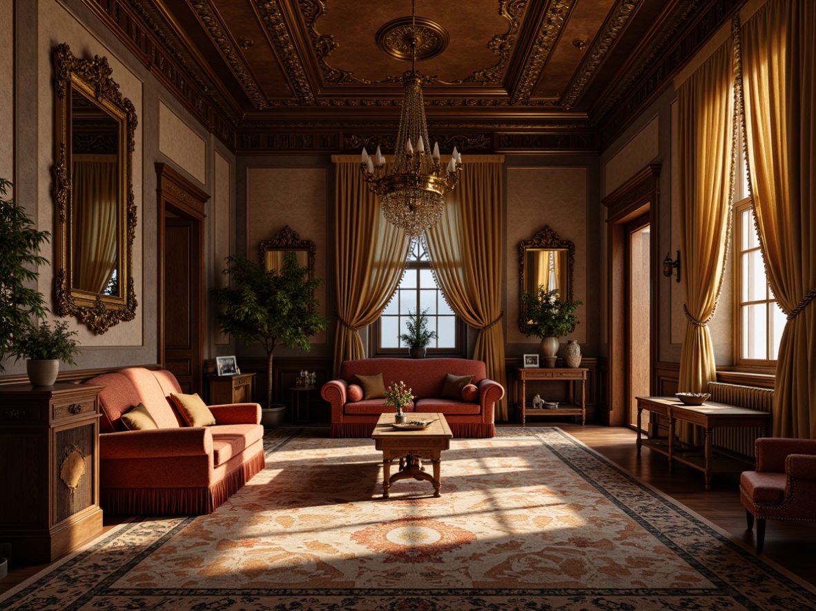 Prompt: Ornate Victorian mansion, richly textured walls, intricate molding patterns, grandiose chandeliers, lavish furnishings, heavy drapery, ornamental mirrors, gilded frames, velvet fabrics, warm golden lighting, dramatic shadows, 3/4 composition, shallow depth of field, realistic textures, ambient occlusion.