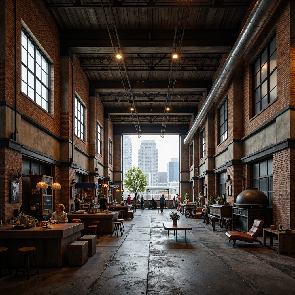 Prompt: Rustic industrial warehouse, exposed brick walls, metal beams, reclaimed wood accents, urban cityscape, gritty concrete floors, distressed finishes, vintage machinery, functional pipes, industrial lighting fixtures, warm neutral tones, earthy brown hues, deep blues, weathered metallic colors, contrasting textures, bold typography, dramatic shadows, high contrast ratio, cinematic lighting, atmospheric perspective.