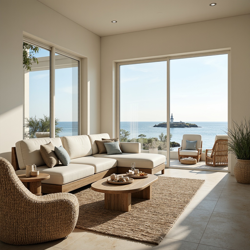 Prompt: Coastal living room, large windows, sliding glass doors, ocean views, natural light pouring in, soft warm ambiance, calming atmosphere, beachy vibe, driftwood furniture, woven sea grass textiles, shells and pebbles decorative accents, cream-colored walls, sandy beige floors, nautical blue and white color scheme, organic shapes, minimalist decor, subtle coastal patterns, warm sunny day, shallow depth of field, 3/4 composition, realistic textures.