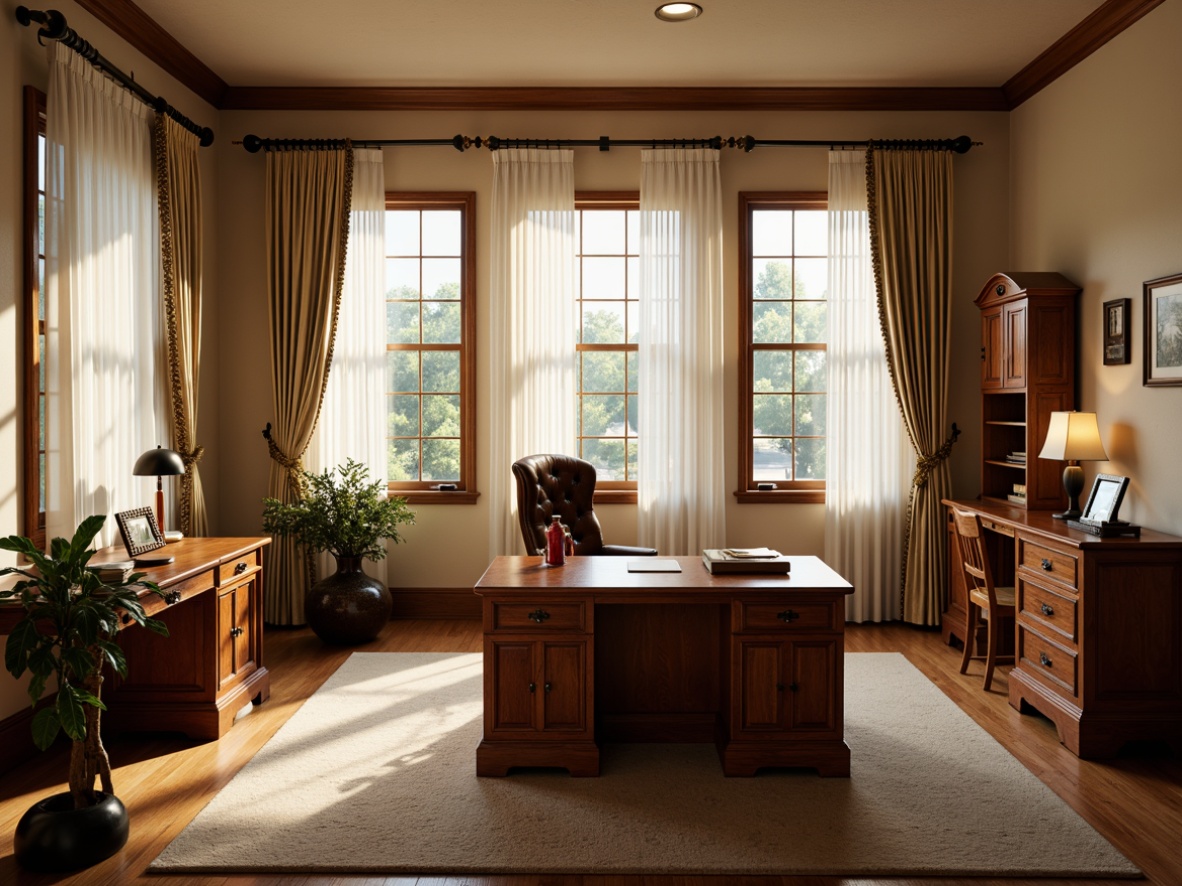 Prompt: Cozy home office, traditional decor, wooden desk, leather chair, warm beige walls, rich wood tones, classic window treatments, elegant drapery, pinch pleat curtains, soft white sheers, decorative tiebacks, ornate curtain rods, natural light filtering, subtle shadows, comfortable workspace, organized storage, vintage-inspired accessories, classic clock, traditional artwork, calm ambiance, soft focus lighting, shallow depth of field, 2/3 composition.