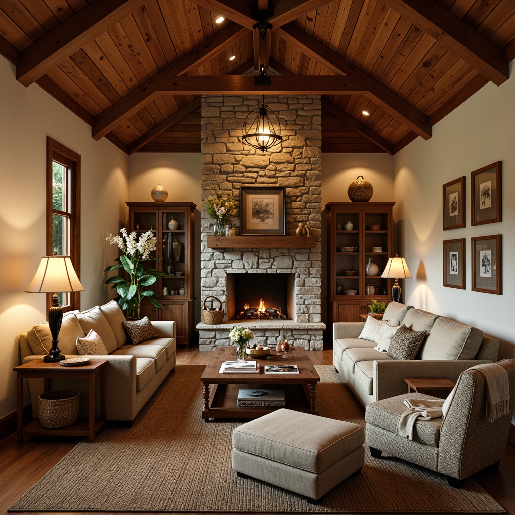 Prompt: Cozy craftsman living room, warm wooden accents, earthy color palette, comfortable seating areas, plush throw blankets, rustic stone fireplaces, soft warm lighting, table lamps with linen shades, floor lamps with wooden bases, pendant lights with metal craftsmanship, natural fiber rugs, woven baskets, vintage decorative items, warm beige walls, rich wood tones, inviting atmosphere, relaxed ambiance, soft shadows, subtle color contrasts, 1/1 composition, intimate mood lighting, realistic textures, ambient occlusion.