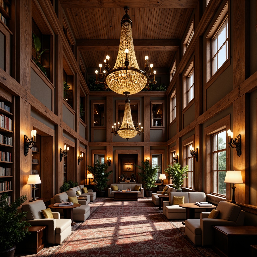 Prompt: Elegant chandeliers, ornate metalwork, warm golden lighting, soft candlelight, traditional lanterns, vintage sconces, distressed finishes, rustic wooden beams, grand high ceilings, luxurious fabrics, rich wood tones, subtle color palette, cozy reading nooks, intimate seating areas, ambient shadows, dramatic uplighting, symmetrical composition, realistic reflections, detailed textures.