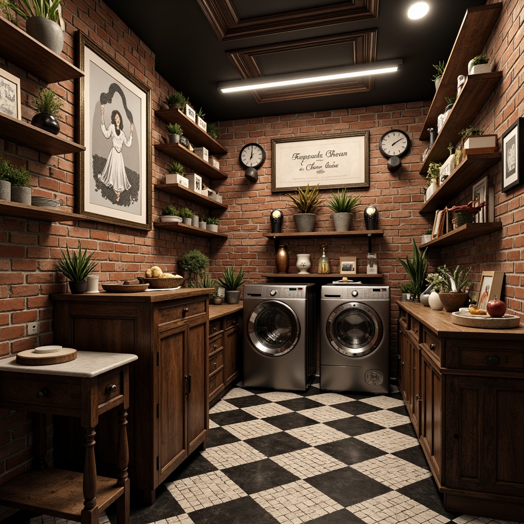 Prompt: \Vintage laundry room, ornate Victorian-style decorations, rich wooden accents, distressed brick walls, classic black and white checkerboard flooring, hexagonal mosaic tiles, polished hardwood planks, soft warm lighting, shallow depth of field, 3/4 composition, realistic textures, ambient occlusion.\