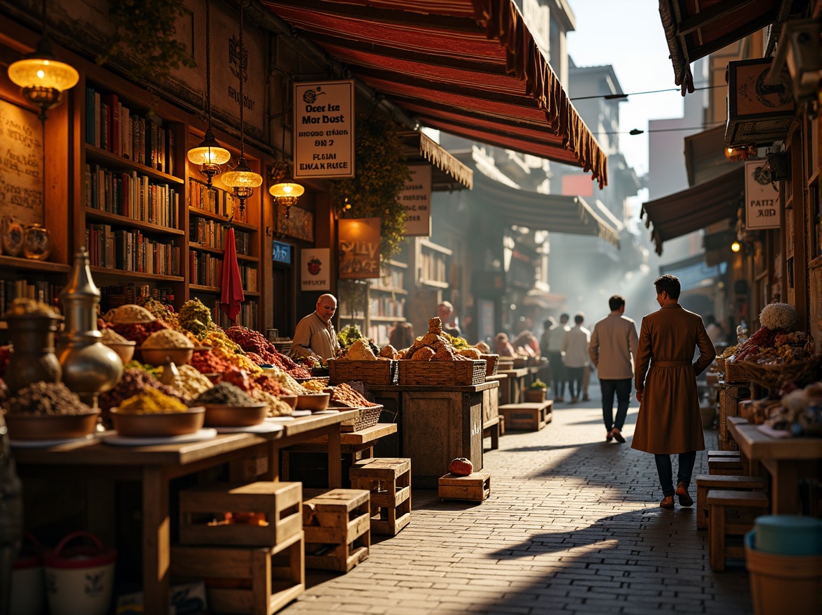 Prompt: Vibrant market scene, eclectic stalls, ornate lanterns, exotic spices, colorful fabrics, intricate patterns, lively street performers, dynamic crowds, warm golden lighting, shallow depth of field, 1/2 composition, cinematic angles, realistic textures, ambient occlusion, rustic wooden crates, woven baskets, distressed metal signs, aromatic incense smoke, soft focus background, high contrast ratio.