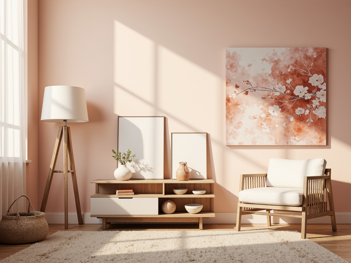 Prompt: Soft peach tones, muted mauve hues, calming beige shades, rich wood accents, creamy whites, warm golden lighting, natural textiles, woven baskets, plush area rugs, elegant furniture legs, subtle metallic frames, delicate ceramic vases, gentle watercolor patterns, dreamy atmospheric effects, shallow depth of field, 1/1 composition, intimate close-up shots, realistic material renderings, ambient occlusion.