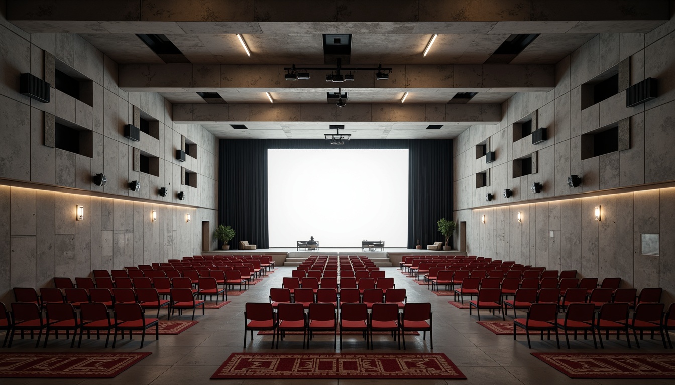 Prompt: Minimalist theater interior, rectangular seating arrangement, industrial metal chairs, bold red accents, geometric patterned rugs, functional lighting fixtures, exposed ductwork, raw concrete walls, brutalist architecture, sparse decoration, emphasis on functionality, simple color palette, stark white stage, dramatic spotlighting, 1-point perspective, low-angle shot, cinematic atmosphere, high-contrast lighting, avant-garde performance art.