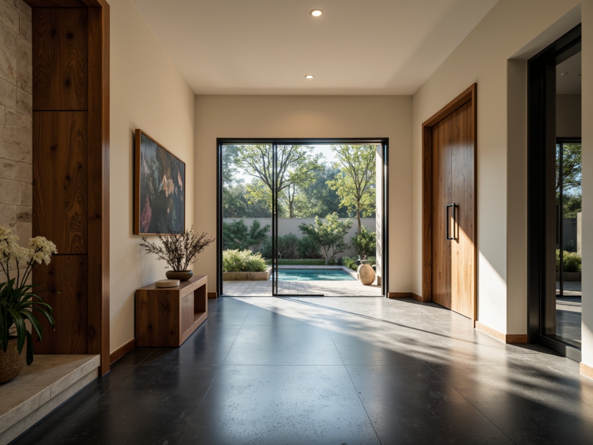 Prompt: Modern entrance hall, sleek lines, minimal ornamentation, large glass doors, polished metal handles, matte black flooring, cream-colored walls, ambient warm lighting, subtle shadows, shallow depth of field, 3/4 composition, natural stone accents, reclaimed wood furniture, monochromatic color scheme, soothing beige tones, rich walnut browns, soft cream whites, pops of deep blues, atmospheric misting effect, realistic textures, ambient occlusion.