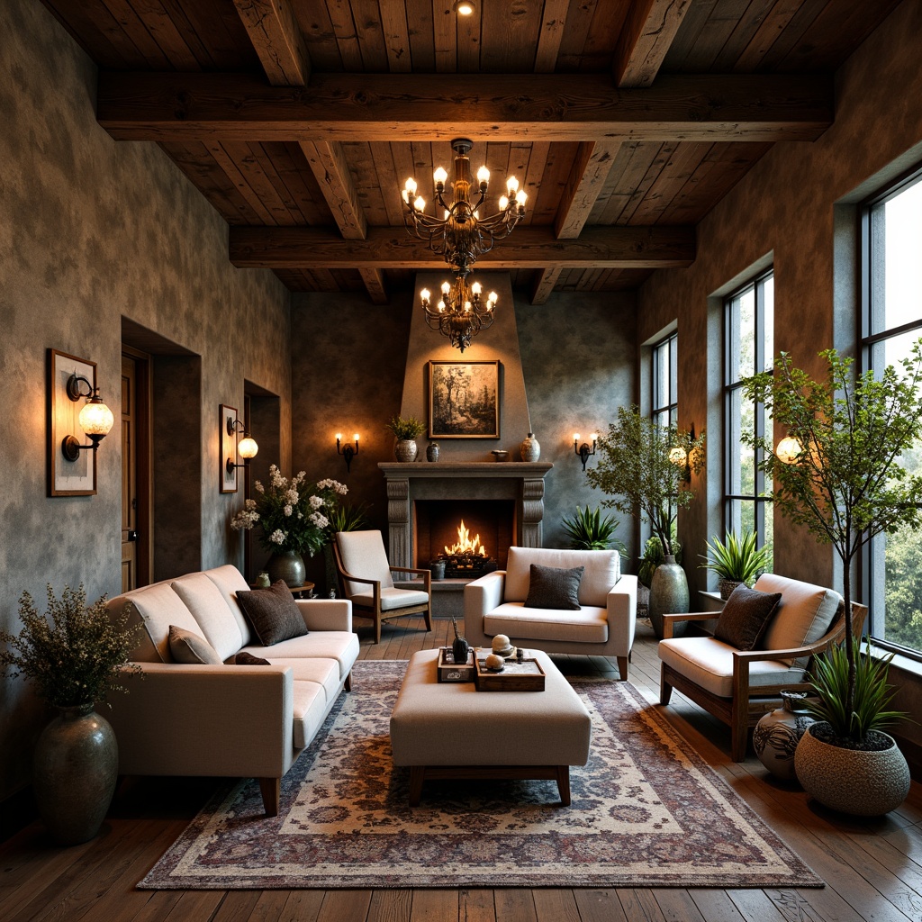 Prompt: Rustic wooden beams, distressed textures, vintage metal lanterns, earthy color palette, natural stone walls, reclaimed wood floors, cozy fireplaces, plush furnishings, soft candlelight, warm atmospheric lighting, intimate seating areas, lush greenery, wildflower arrangements, antique decorative items, distressed finishes, rough-hewn wood accents, organic shapes, nature-inspired patterns, soft focus, shallow depth of field, 1/1 composition, realistic textures, ambient occlusion.