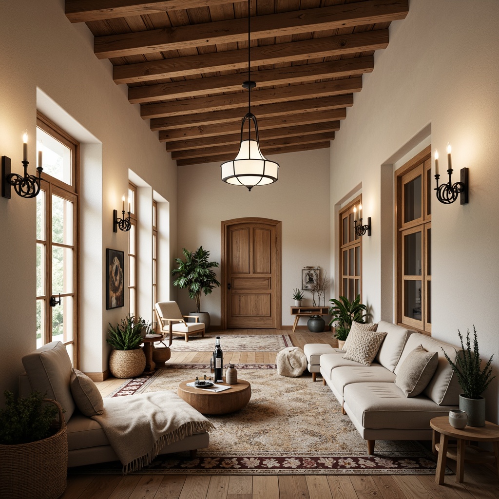 Prompt: Cozy Scandinavian hall, warm wooden accents, minimalist decor, natural textiles, woven baskets, vintage rugs, soft candlelight, creamy white walls, rustic wooden beams, elegant chandeliers, ornate metalwork, Nordic-inspired patterns, subtle color palette, earthy tones, lush greenery, potted plants, comfortable sofas, plush throw blankets, geometric-shaped coffee tables, ambient warm lighting, shallow depth of field, 2/3 composition, inviting atmosphere.