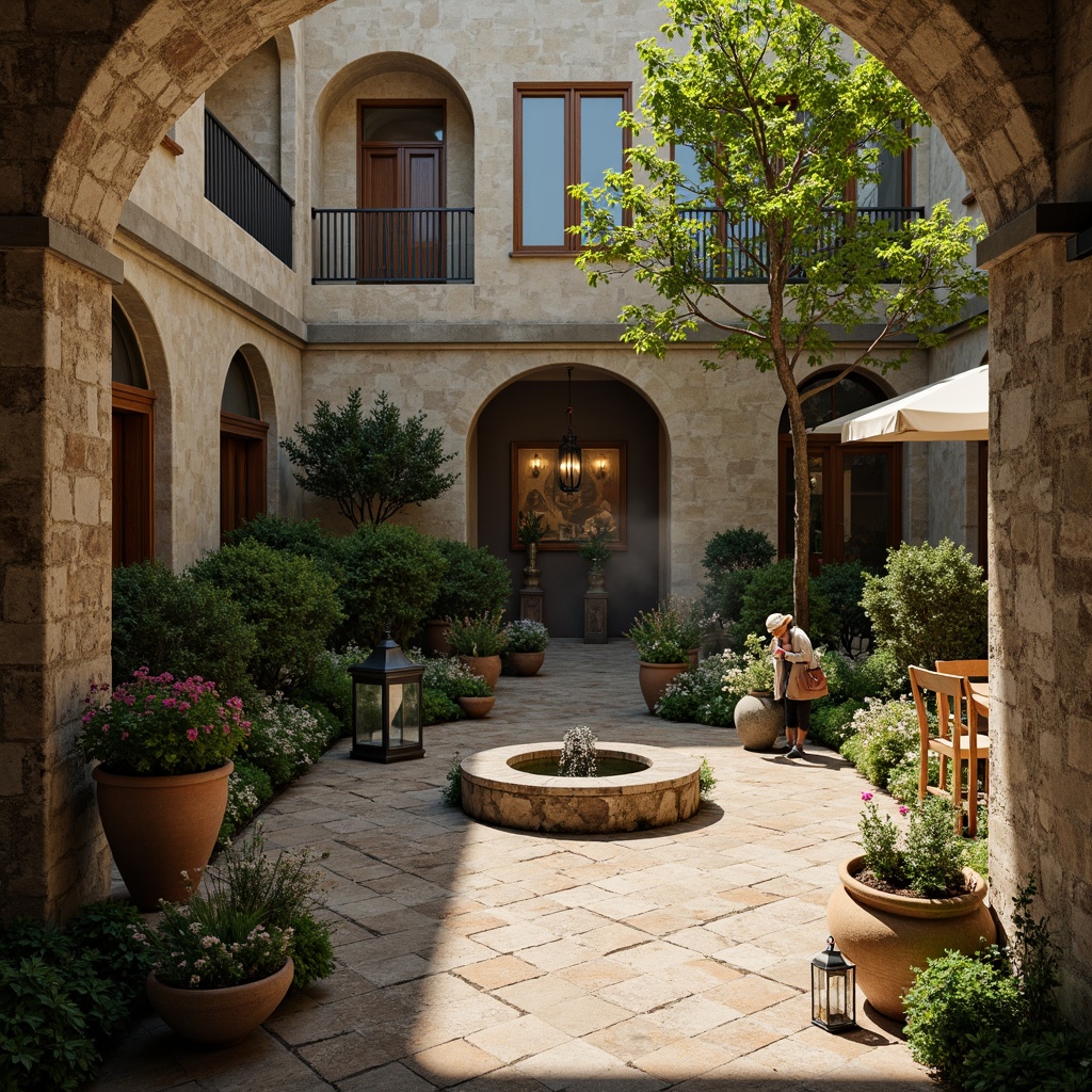 Prompt: Soothing monastery courtyard, rustic stone walls, arched windows, tranquil fountain, lush greenery, vibrant flowers, warm terracotta pots, distressed wood accents, vintage lanterns, soft candlelight, ambient shadows, misty atmosphere, harmonious earthy tones, muted beige, weathered gray, mossy green, worn wooden textures, ornate metalwork, subtle frescoes, serene ambiance, contemplative mood, shallow depth of field, 1/2 composition, warm golden lighting, realistic materials.