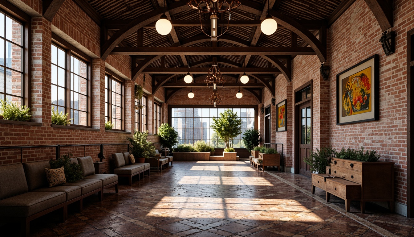 Prompt: Rustic train station interior, textured walls with exposed brick, industrial metal beams, vintage luggage racks, distressed wooden benches, eclectic postmodern decor, bold colorful accents, ornate chandeliers, grand high ceilings, intricate mosaic floors, dynamic lighting effects, dramatic shadows, 1/1 composition, wide-angle lens, cinematic atmosphere, realistic reflections, ambient occlusion.