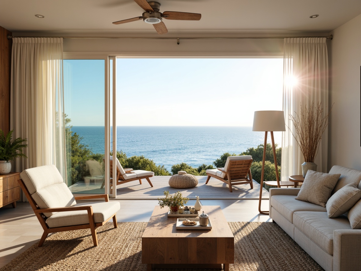 Prompt: Coastal living room, ocean views, large windows, sliding glass doors, natural light pouring in, airy atmosphere, beachy vibes, driftwood decor, woven textiles, jute rugs, linen fabrics, soft pastel colors, calming ambiance, morning sunlight, warm glow, shallow depth of field, 1/1 composition, symmetrical framing, realistic reflections, subtle lens flares.