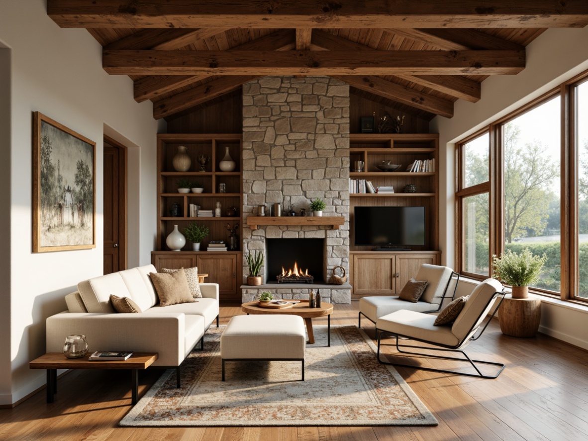 Prompt: Rustic farmhouse, streamlined modern furniture, reclaimed wood accents, metal legs, minimalist decor, natural textiles, earthy color palette, vintage decorative items, distressed finishes, wooden beams, stone fireplace, cozy reading nook, oversized windows, soft warm lighting, 1/1 composition, shallow depth of field, realistic wood textures, ambient occlusion.