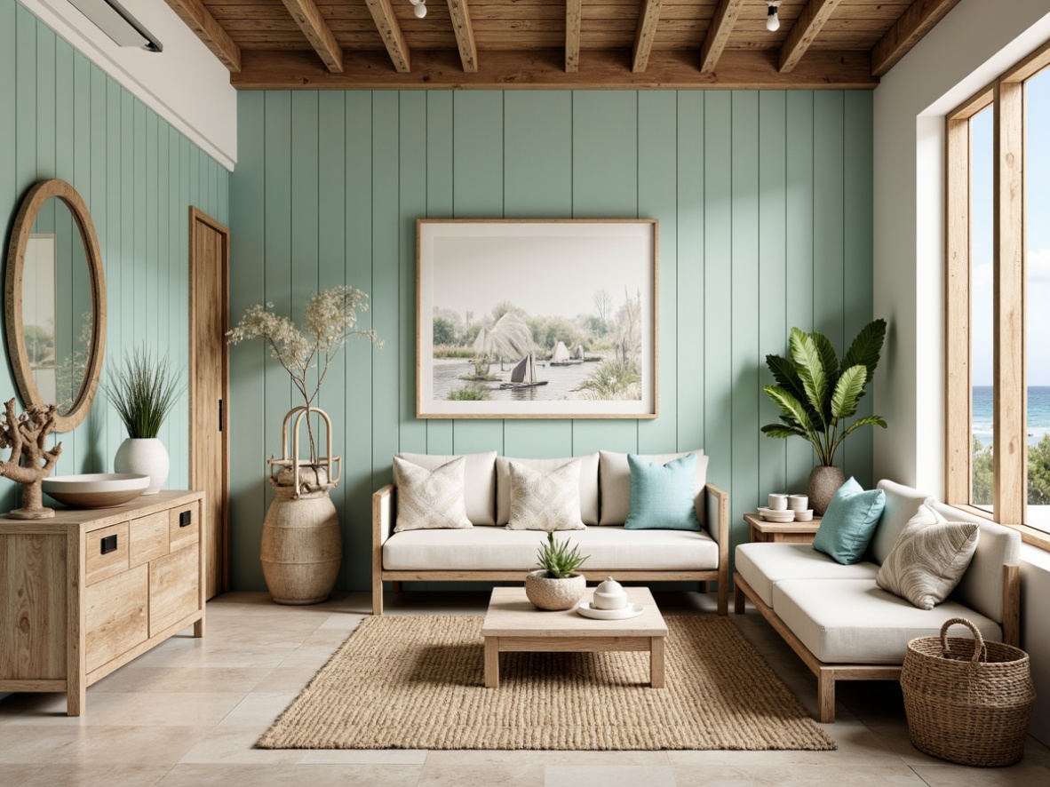 Prompt: Driftwood accents, weathered wooden planks, sea-foam green walls, soft sandy beige floors, ocean-inspired blues, calming whites, natural textiles, woven jute rugs, shell-shaped decorative accessories, coral-patterned ceramics, distressed wood furniture, rustic metal fixtures, nautical rope details, serene ambiance, warm coastal lighting, airy open spaces, minimal ornamentation, organic shapes, beachy vibe, laid-back atmosphere.