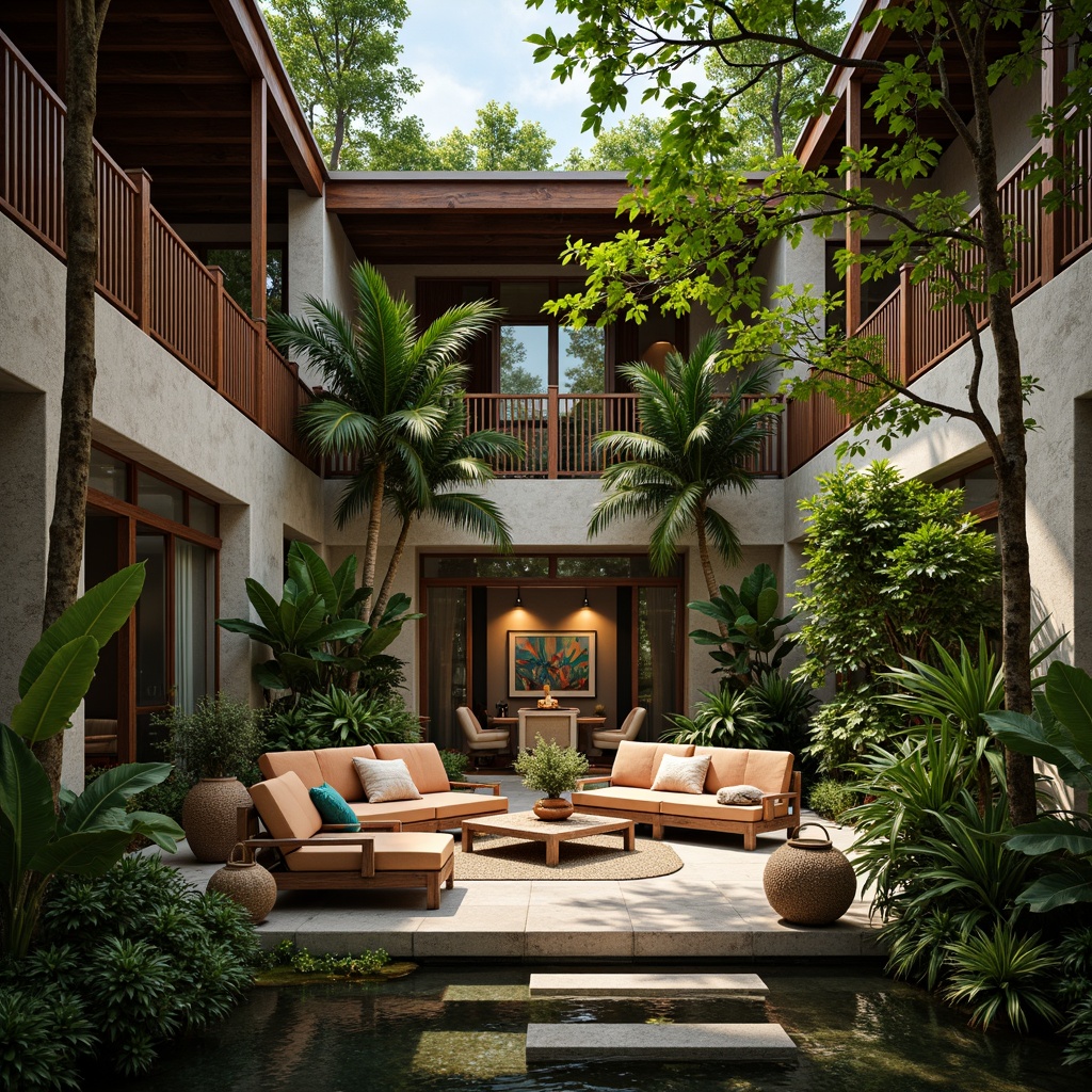 Prompt: Lush tropical interior, exotic plants, vibrant greenery, natural stone walls, reclaimed wood accents, rattan furniture, wicker lanterns, colorful textiles, intricate patterns, warm ambient lighting, shallow depth of field, 1/1 composition, realistic textures, ambient occlusion, serene water features, small ponds, trickling fountains, misting systems, abundant natural light, large windows, sliding glass doors, open-plan living spaces, cozy reading nooks, tropical-inspired artwork, eclectic decor.