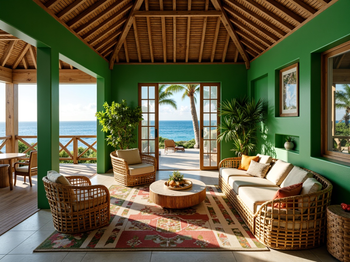 Prompt: Vibrant tropical interior, lush green walls, natural wood accents, rattan furniture, wicker chairs, colorful tribal patterns, exotic plants, floral arrangements, bright airy atmosphere, high ceilings, large windows, sliding glass doors, ocean views, sunny day, warm soft lighting, shallow depth of field, 1/1 composition, realistic textures, ambient occlusion.