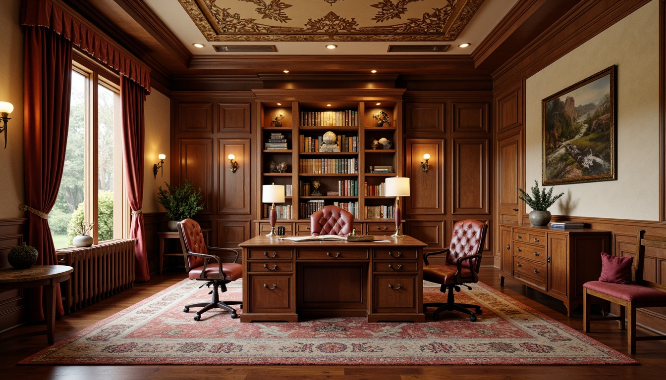 Prompt: Rich wood tones, ornate carvings, plush velvet upholstery, stately executive desk, leather-bound books, classic lamp fixtures, warm beige walls, soft golden lighting, comfortable ergonomic chair, intricate rug patterns, traditional crown molding, decorative ceiling medallions, formal drapery, subtle scent of old books, 1/1 composition, shallow depth of field, warm color palette.