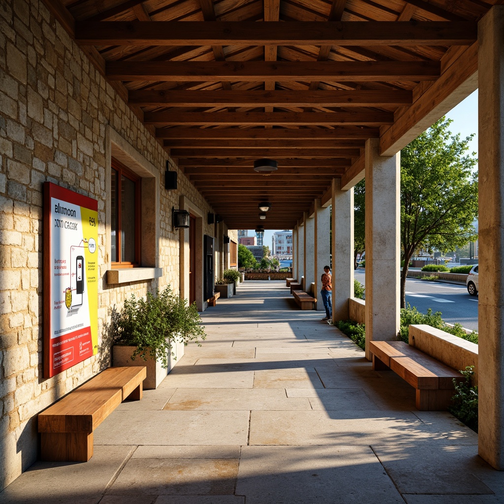 Prompt: Rustic bus station, traditional vernacular architecture, earthy tones, natural stone walls, wooden beams, vibrant local colors, clear signage, easy-to-read font, intuitive navigation, pedestrian-friendly infrastructure, accessible ramps, ample seating areas, lush greenery, warm lighting, shallow depth of field, 1/2 composition, realistic textures, ambient occlusion.