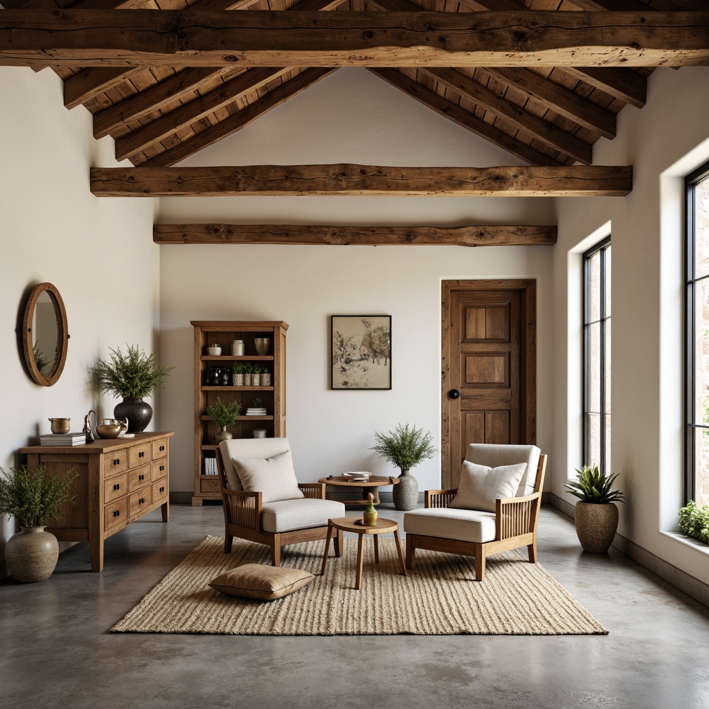 Prompt: Rustic farmhouse interior, modern streamline aesthetic, reclaimed wood accents, polished concrete floors, industrial metal beams, creamy white walls, minimalist decor, natural textiles, woven baskets, linen upholstery, distressed leather armchairs, vintage farming tools, earthy color palette, warm soft lighting, shallow depth of field, 1/1 composition, realistic wood textures, ambient occlusion.