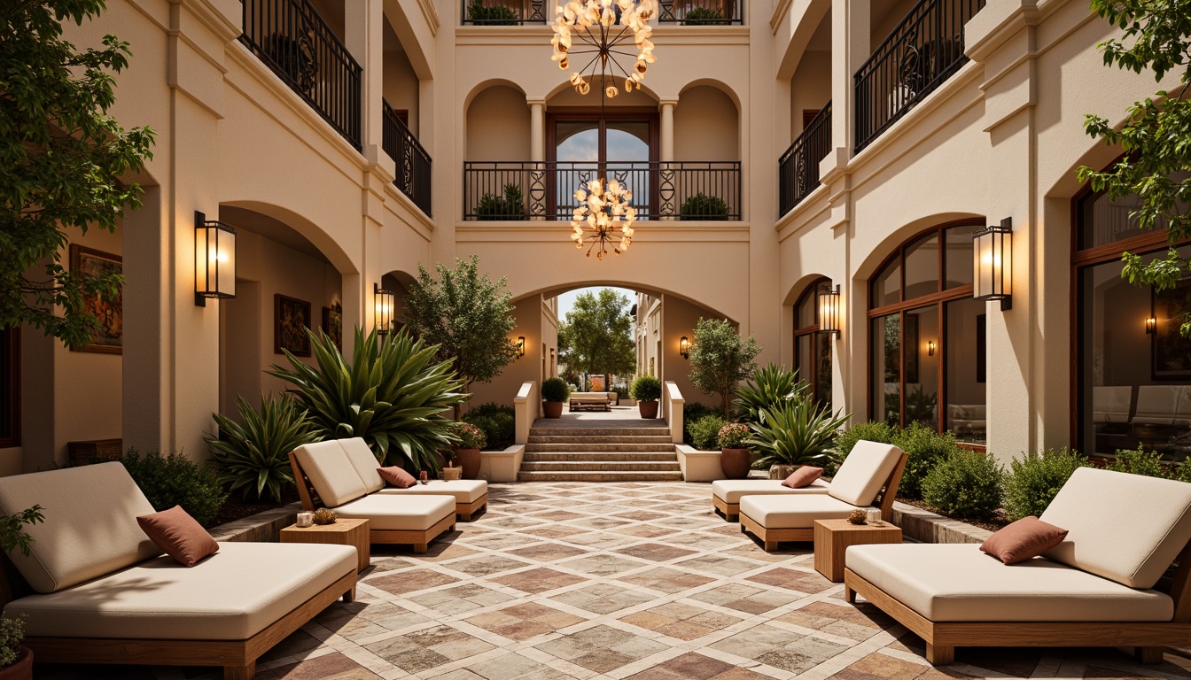 Prompt: Warm beige seating areas, rustic stone walls, ornate metal railings, vintage-inspired lanterns, lush greenery, potted olive trees, colorful ceramic tiles, arched ceilings, grand staircases, spacious platforms, elegant chandeliers, warm soft lighting, shallow depth of field, 3/4 composition, symmetrical framing, realistic textures, ambient occlusion.