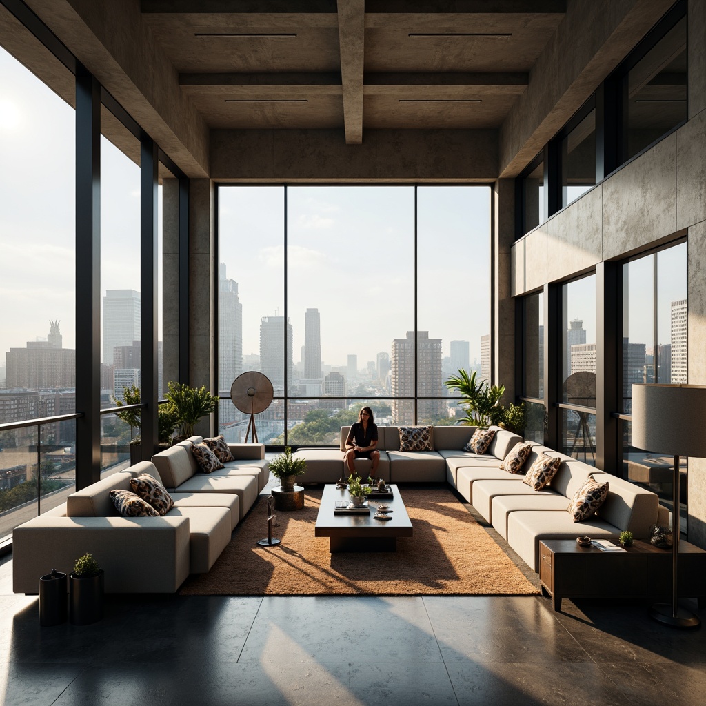 Prompt: Luxurious penthouse interior, open floor plan, sleek contemporary style, high ceilings, expansive windows, city skyline views, minimalist decor, polished concrete floors, modern furniture, sectional sofas, geometric patterns, metallic accents, ambient lighting, 1/1 composition, shallow depth of field, soft warm glow, realistic reflections, detailed textures.