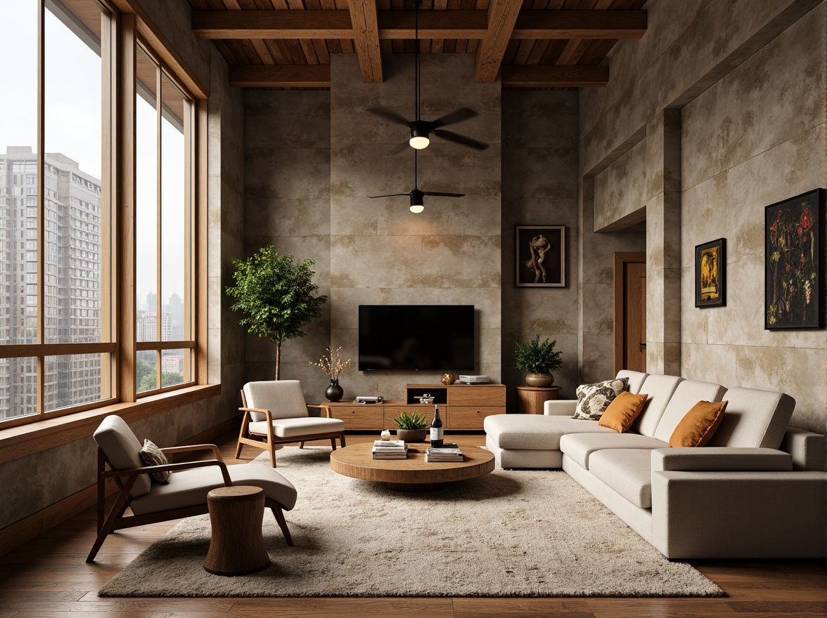 Prompt: Cozy living room, textured walls, earthy tone colors, natural stone accents, wooden furniture, plush carpets, soft warm lighting, 3/4 composition, shallow depth of field, realistic textures, ambient occlusion, modern interior design, comfortable seating area, floor-to-ceiling windows, urban loft atmosphere, industrial chic decor.