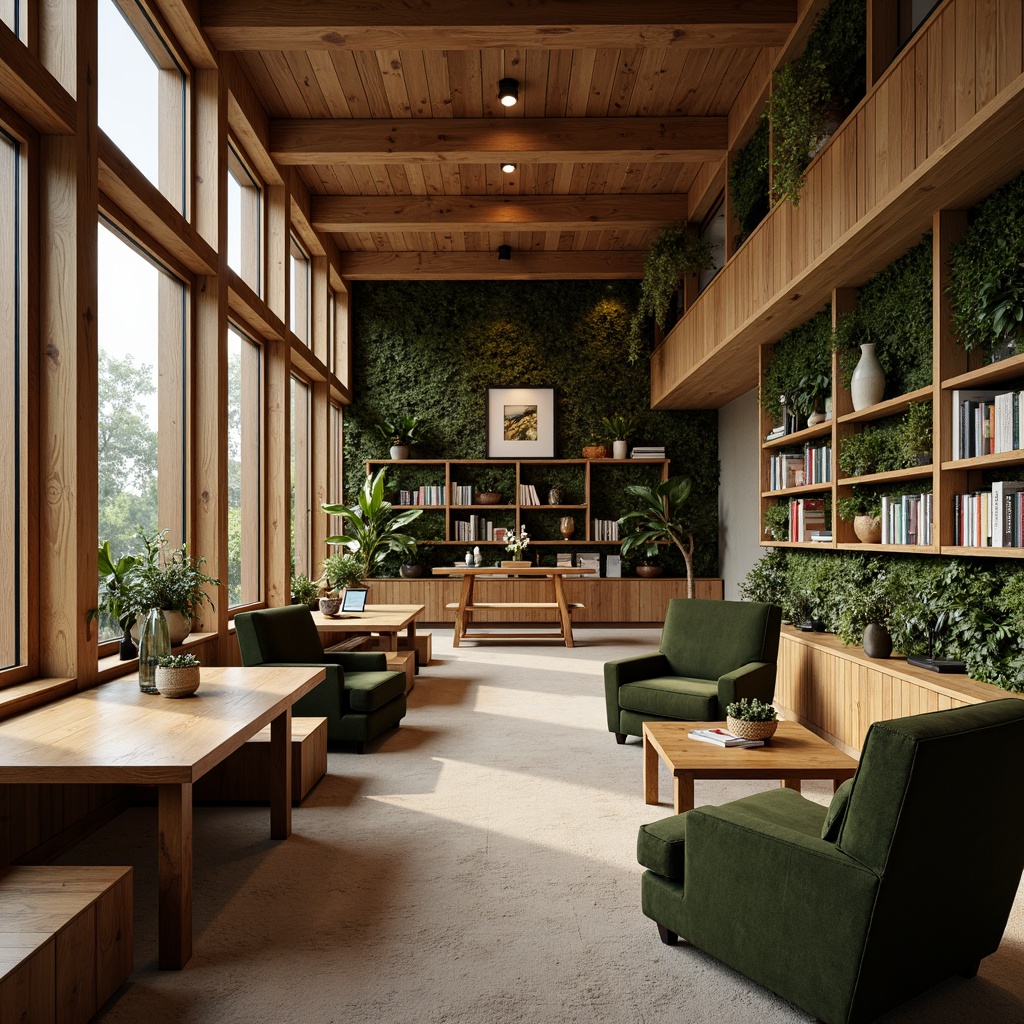 Prompt: Cozy library interior, natural wood bookshelves, reclaimed wooden tables, comfortable reading nooks, plush green armchairs, earthy tone color palette, abundant natural light, floor-to-ceiling windows, stone feature walls, living green walls, organic shapes, minimal ornamentation, warm soft lighting, shallow depth of field, 1/2 composition, inviting atmosphere, realistic textures, ambient occlusion.