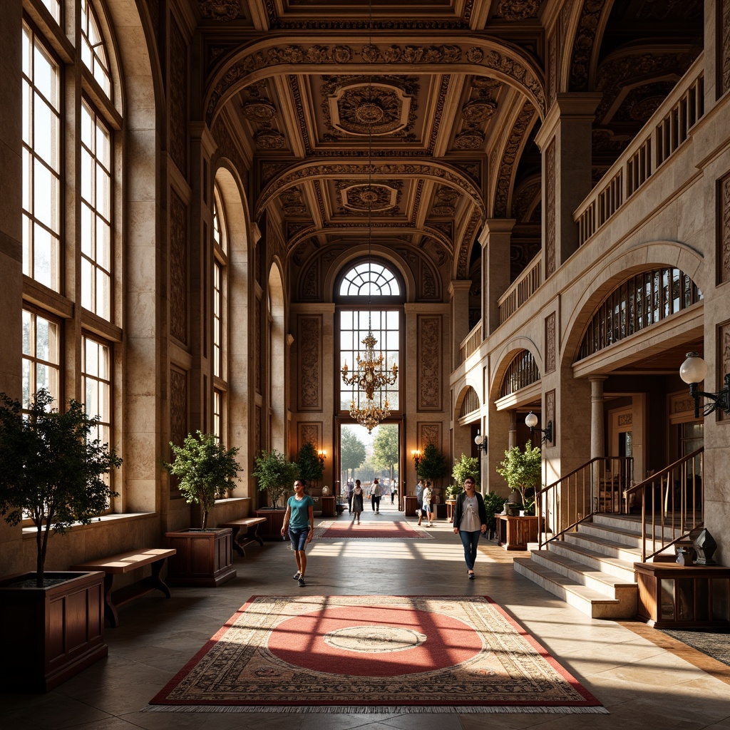 Prompt: Grand museum entrance, ornate moldings, intricately carved wood, Victorian-era inspired architecture, high ceilings, large stained glass windows, elaborate chandeliers, polished marble floors, decorative ironwork, grand staircases, imposing stone columns, richly patterned rugs, opulent furnishings, warm golden lighting, dramatic shadows, 1/1 composition, symmetrical framing, high-contrast textures, realistic reflections.