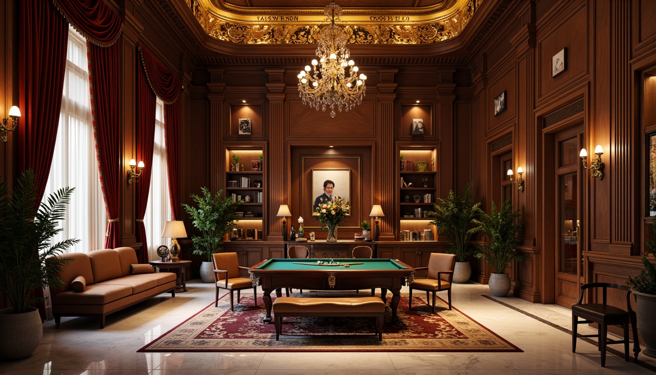 Prompt: Luxurious game room, rich wood paneling, ornate moldings, gilded accents, velvet drapes, marble floors, intricate patterns, neoclassical architecture, symmetrical composition, warm golden lighting, dramatic shadows, 3/4 perspective, realistic textures, ambient occlusion, leather-bound books, antique furniture, regal atmosphere, subtle color palette, sophisticated ambiance.