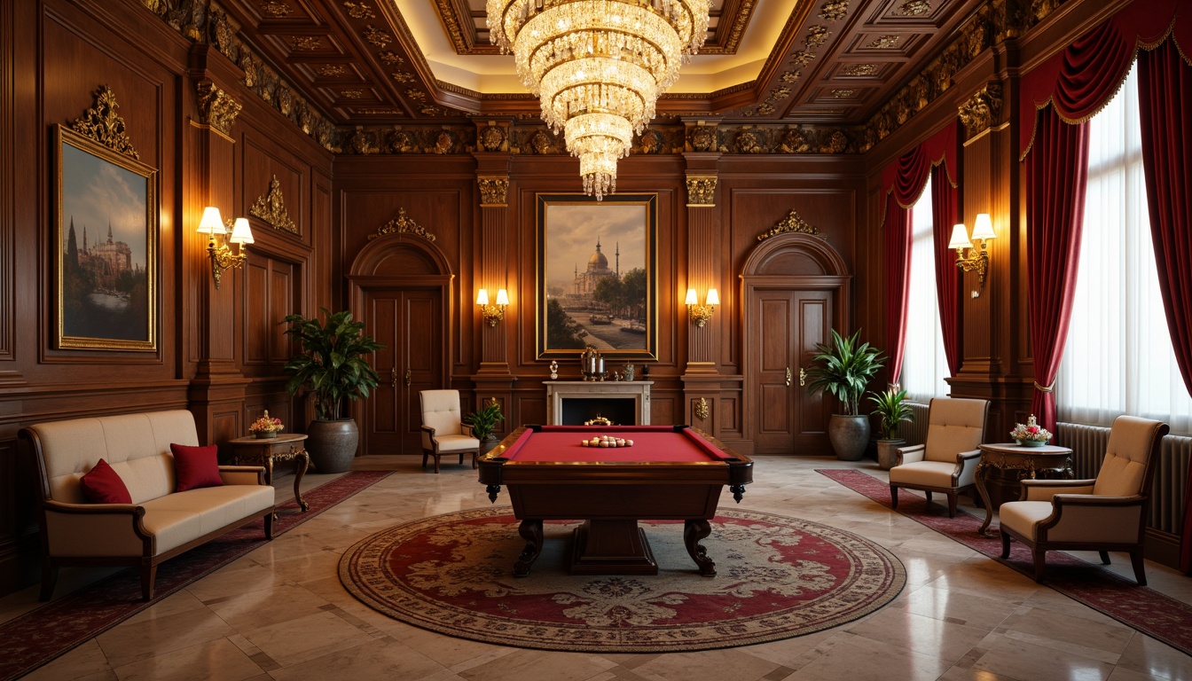 Prompt: Elegant game room, rich wood paneling, ornate gold molding, luxurious velvet fabrics, intricate marble floors, warm candlelight, soft cream colors, deep burgundy accents, antique furniture pieces, lavish crystal chandeliers, refined neoclassical architecture, subtle gradient effects, cinematic lighting, 1/1 composition, high-contrast textures, realistic reflections.