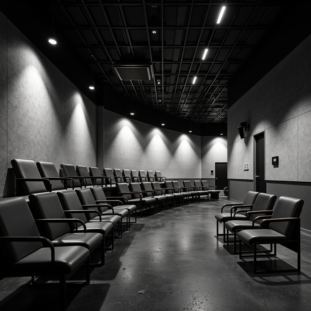 Prompt: Minimalist theater interior, Bauhaus-inspired seating arrangement, geometric shapes, clean lines, monochromatic color scheme, functional simplicity, modular furniture, steel tube frames, leather upholstery, adjustable armrests, optimal sightlines, raked floor, intimate audience setting, dramatic spot lighting, high ceilings, industrial-chic decor, urban ambiance, afternoon natural light, soft shadows, 1/2 composition, cinematic perspective, realistic textures, subtle material reflections.