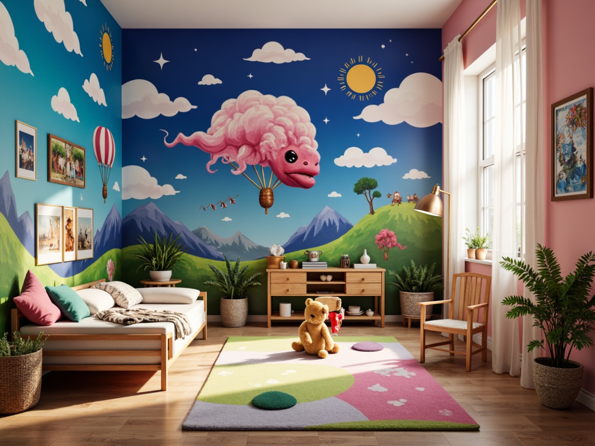 Prompt: Whimsical kid's room, vibrant colors, playful textures, expressive brushstrokes, fantastical creatures, dreamy clouds, starry night sky, colorful rug, plush toys, wooden furniture, pastel hues, soft fabrics, cozy atmosphere, warm lighting, shallow depth of field, 1/1 composition, realistic rendering, ambient occlusion.