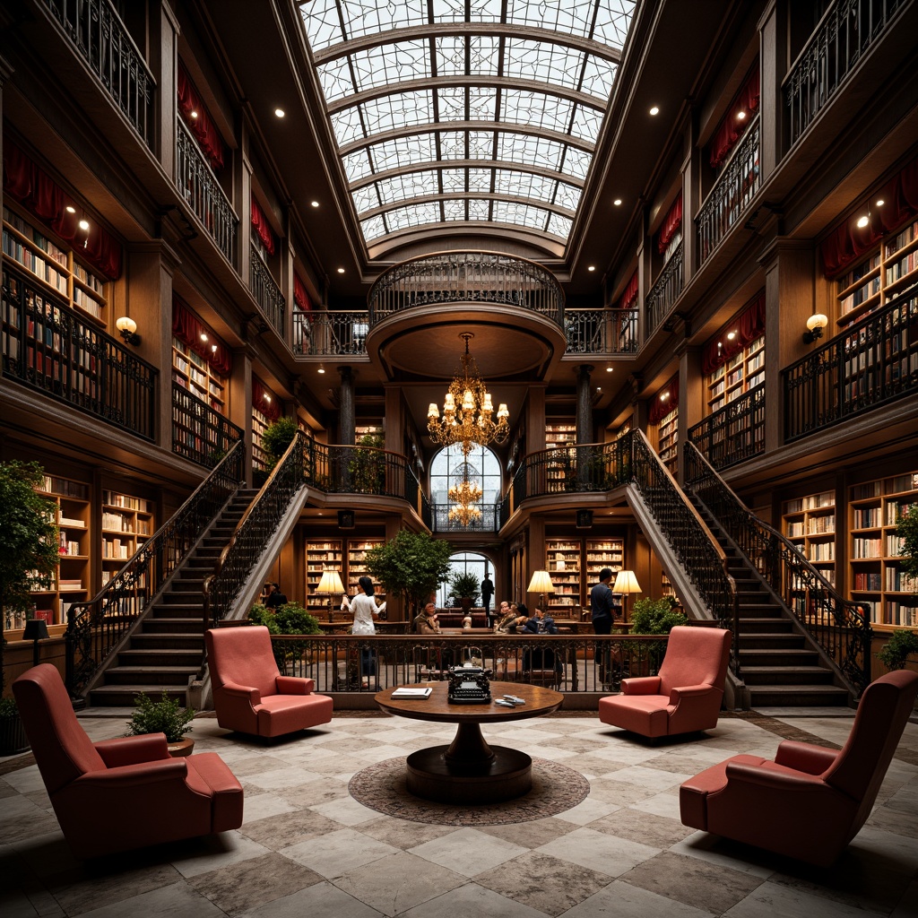 Prompt: Luxurious bookstore interior, ornate metalwork, geometric patterns, rich wood tones, velvet drapes, crystal chandeliers, marble flooring, curved staircases, intimate reading nooks, plush armchairs, vintage typewriters, leather-bound books, golden accents, soft warm lighting, dramatic shadows, 1/1 composition, low-angle shot, cinematic atmosphere, intricate moldings, opulent decorations.