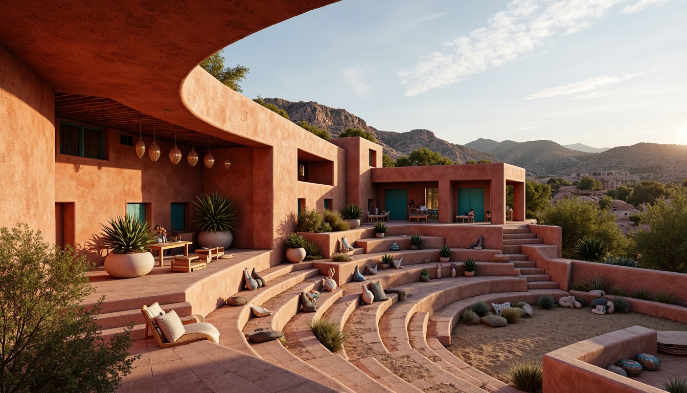 Prompt: Southwestern-inspired amphitheater, tiered seating, natural stone walls, earthy red tones, wooden accents, curved lines, sandy flooring, cacti plants, warm sunny day, soft gentle breeze, acoustic sound system, suspended speakers, natural reverb, intimate performance space, rustic wooden stage, vibrant turquoise accents, woven textiles, patterned pottery, desert landscape backdrop, dramatic sunset lighting, 3/4 composition, shallow depth of field, realistic textures.