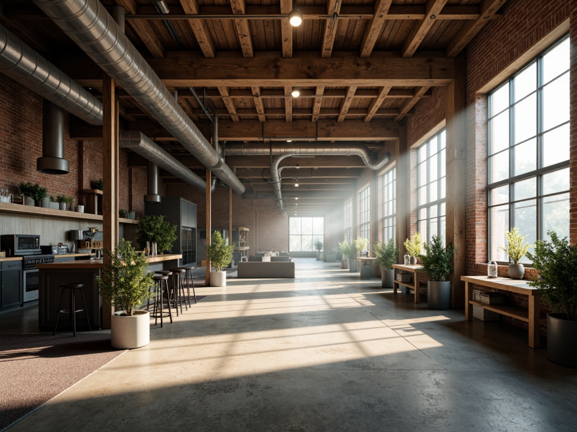 Prompt: Exposed ductwork, reclaimed wood accents, industrial metal beams, polished concrete floors, large windows, natural light pouring in, airy open spaces, minimalist decor, vintage factory machinery, distressed brick walls, urban loft atmosphere, moody warm lighting, atmospheric fog effects, dramatic shadows, cinematic composition, 2.35