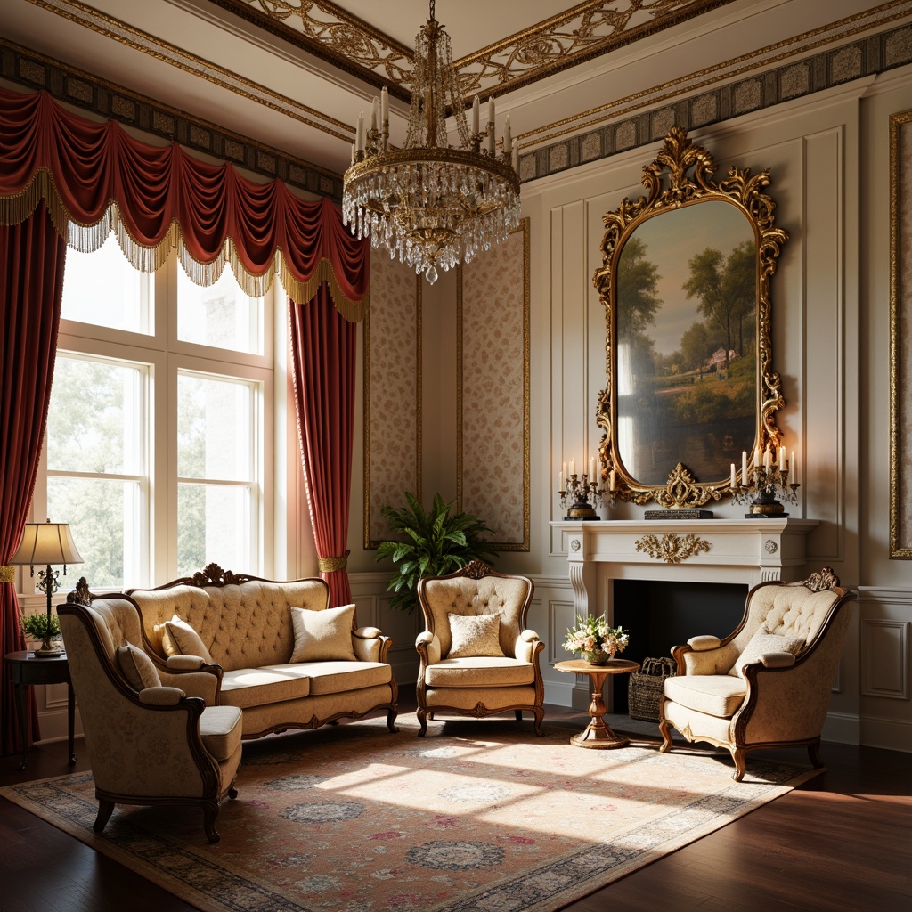 Prompt: Luxurious velvet fabrics, intricate golden embroidery, soft pastel hues, ornate floral patterns, delicate lace trimmings, rich brocade textiles, lavish silk drapes, opulent tassel details, curved Louis XV furniture, grandiose chandeliers, sparkling crystal accents, warm candlelight, shallow depth of field, 3/4 composition, realistic textures, ambient occlusion.