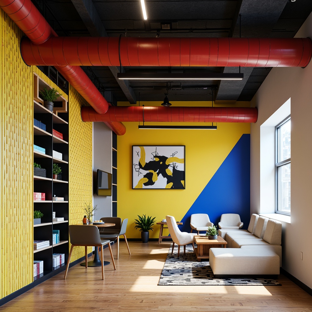 Prompt: Vibrant yellow accent walls, bold blue geometric patterns, rich red industrial pipes, sleek black metal fixtures, minimalist white tubular chairs, natural wood flooring, functional built-in shelving, abundant daylight, abstract artwork, graphic textiles, rectangular composition, high contrast lighting, dramatic shadows, modernist architectural style, urban loft atmosphere.