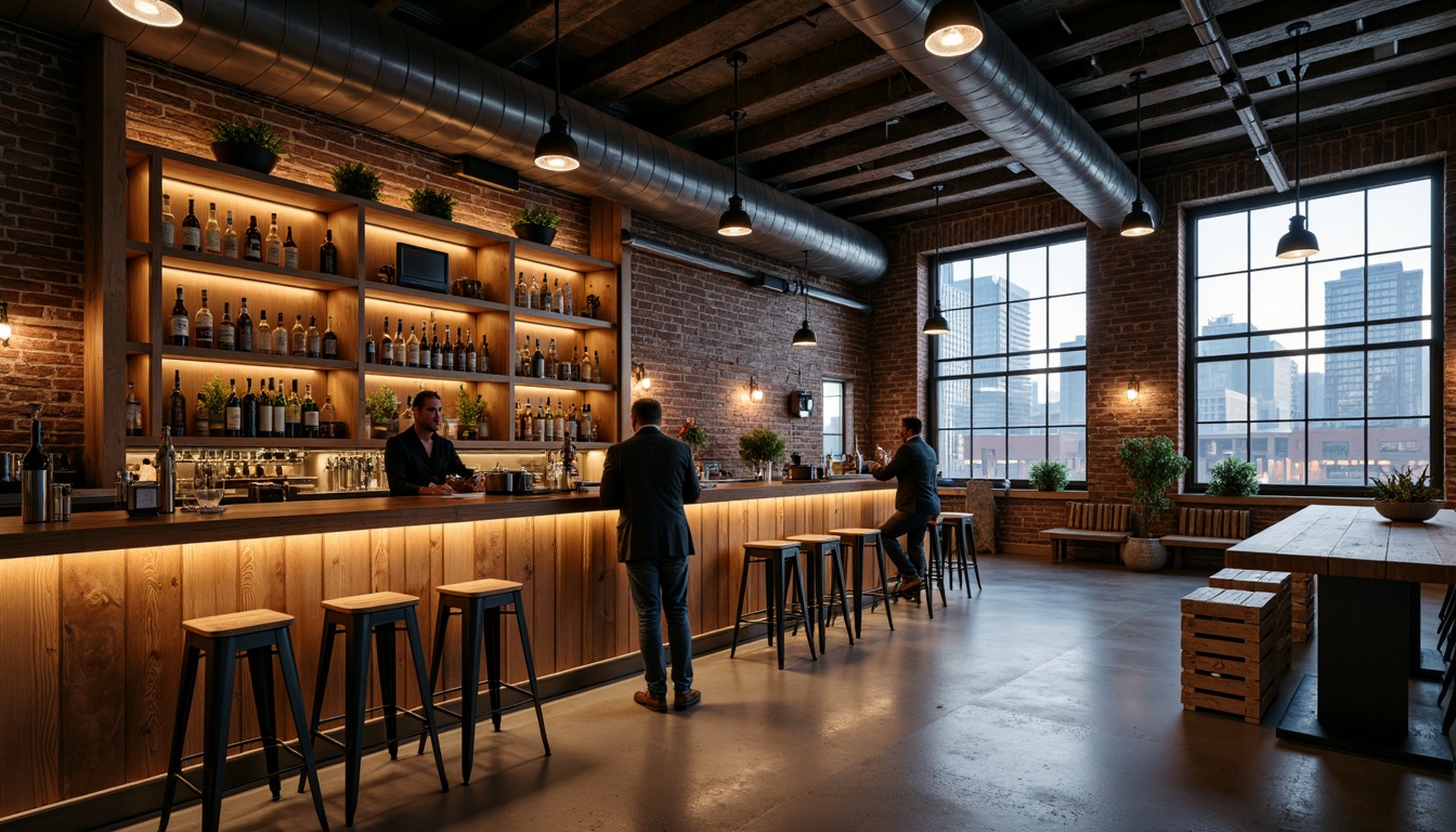 Prompt: Rustic industrial bar, reclaimed wood accents, metal beams, exposed brick walls, polished concrete floors, modern minimalist stools, sleek metallic chairs, wooden crates, vintage decor items, warm dim lighting, atmospheric fog effects, shallow depth of field, 1/2 composition, realistic textures, ambient occlusion, urban cityscape views, bustling nightlife atmosphere.