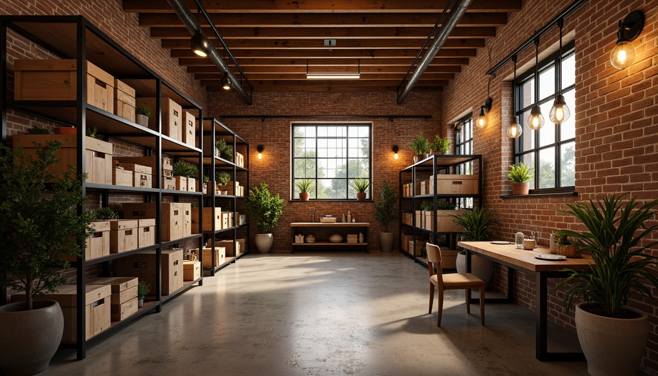 Prompt: Industrial chic storage room, exposed brick walls, metal shelving units, reclaimed wood crates, dimmable LED strip lights, matte black metal fixtures, industrial-style pendant lamps, Edison bulb chandeliers, rustic wooden beams, concrete floors, urban loft atmosphere, warm yellow tone lighting, low-key ambient illumination, 1/1 composition, shallow depth of field, realistic textures.