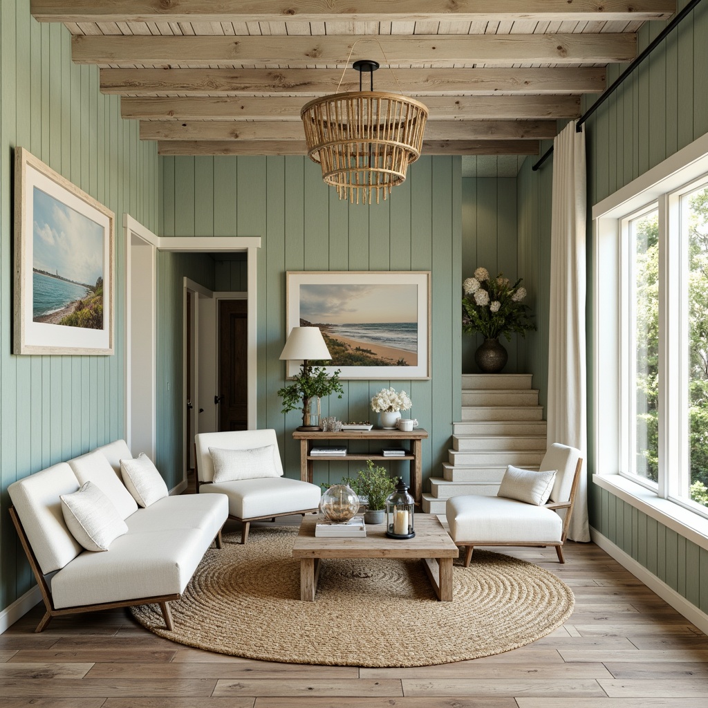 Prompt: Driftwood accents, weathered wood planks, soft seafoam green walls, creamy white trim, natural jute rugs, woven sea grass textiles, coral-inspired patterns, ocean-blue glass tiles, distressed metal fixtures, reclaimed wood shelving, beachy lanterns, warm sandy neutrals, coastal-themed artwork, vintage nautical decor, airy open spaces, abundant natural light, soft billowy curtains, calming color palette, 1/1 composition, shallow depth of field, realistic textures, ambient occlusion.