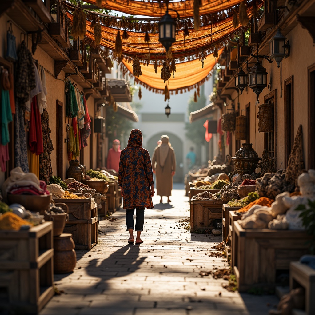 Prompt: Vibrant market scene, eclectic mix of goods, colorful fabrics, exotic spices, antique artifacts, intricate wooden carvings, ornate metal lanterns, distressed stone walls, rustic wooden crates, woven baskets, lively street performers, diverse cultural attire, warm golden lighting, shallow depth of field, 1/1 composition, realistic textures, ambient occlusion.