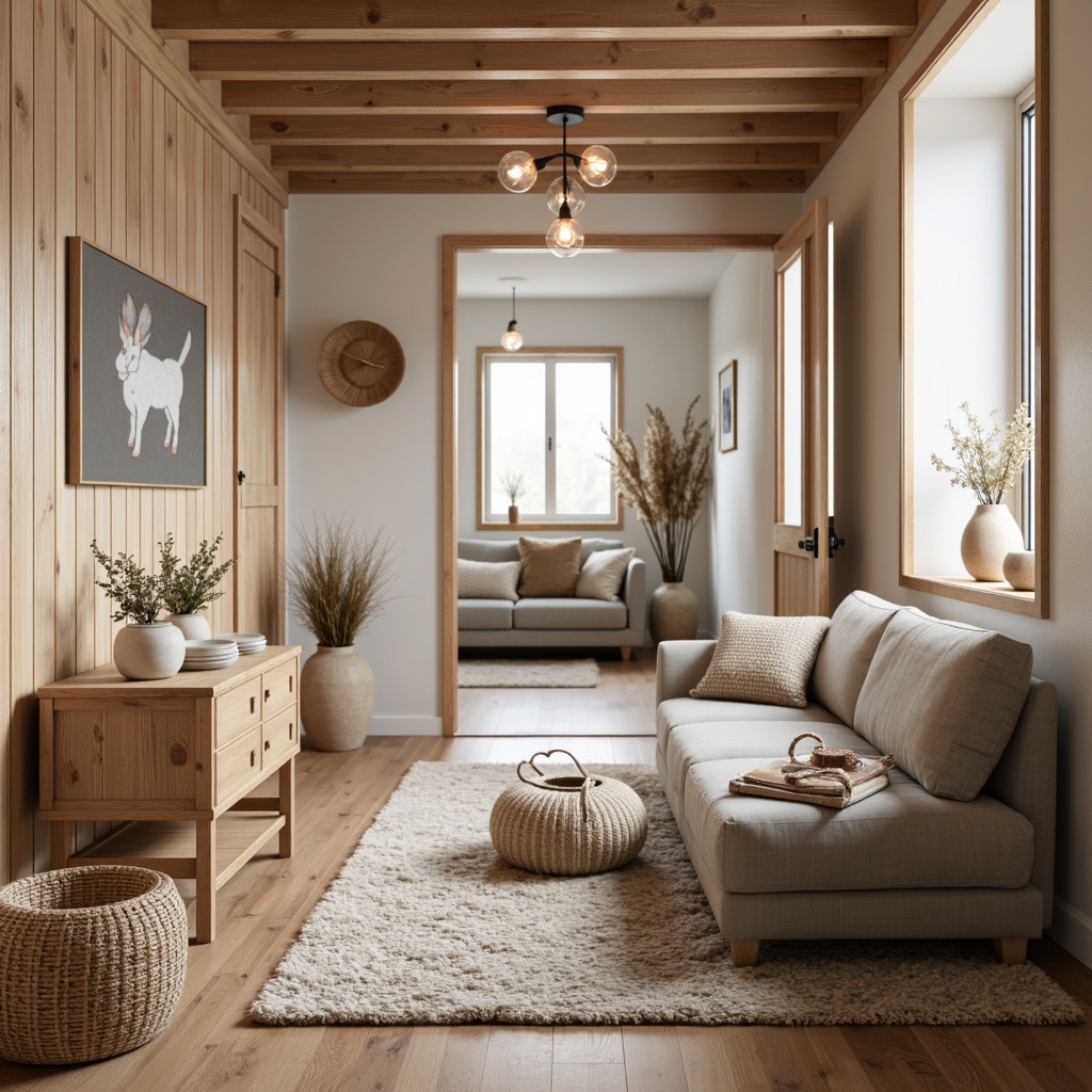 Prompt: Cozy Scandinavian hall, natural wood flooring, minimalist furniture, soft pastel colors, woven textiles, geometric patterns, candles, pendant lighting, rustic wooden accents, earthy tone walls, plush area rugs, modern Nordic design, functional simplicity, calm ambiance, softbox lighting, 1/1 composition, shallow depth of field, realistic materials.